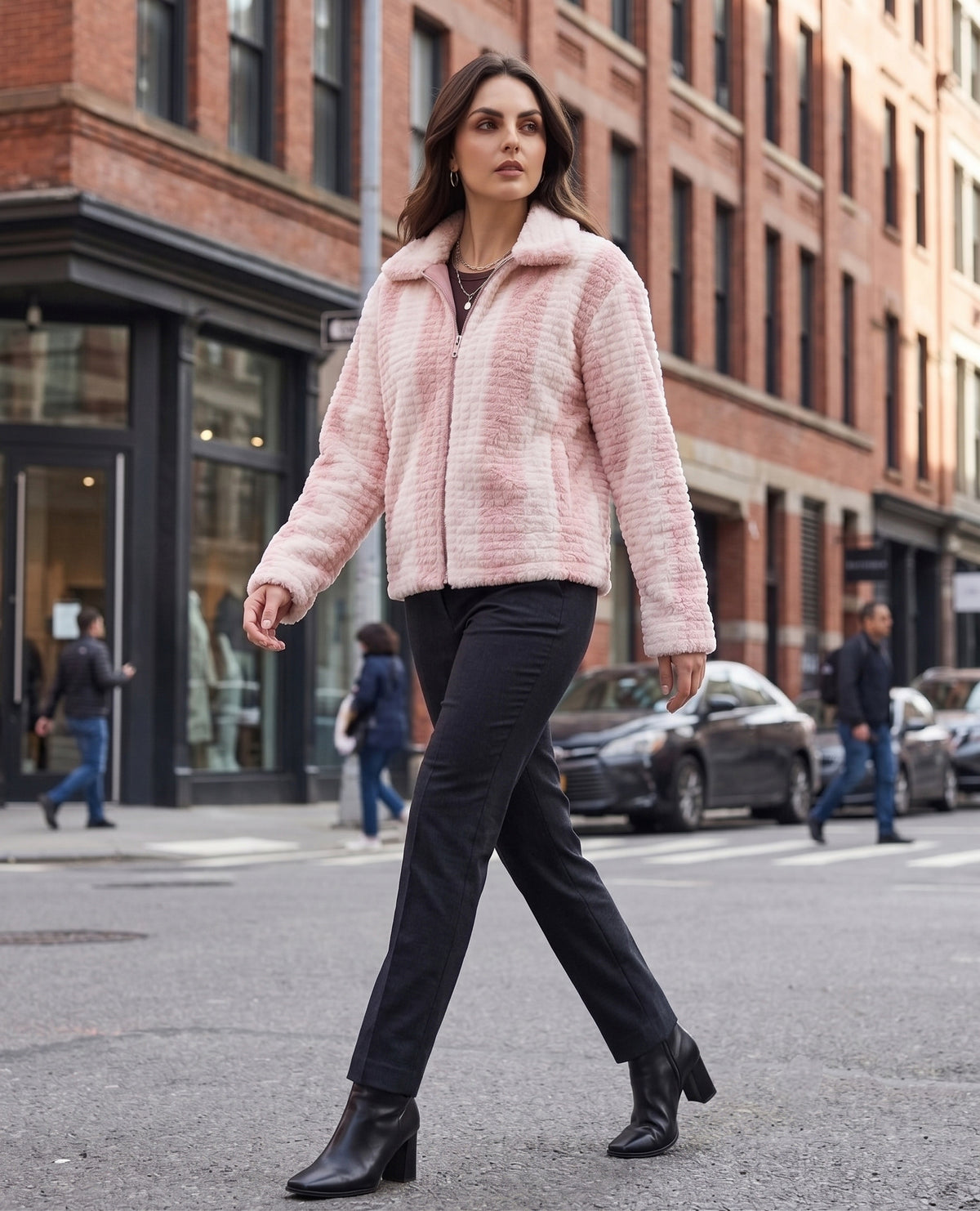 Pink & Cream Striped Faux-Fur Zip Jacket - KIZA