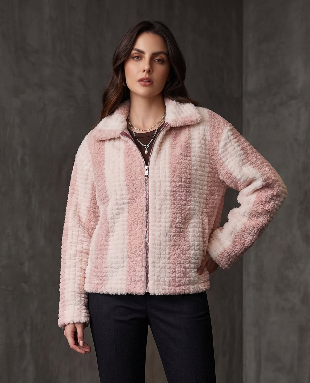 Pink & Cream Striped Faux-Fur Zip Jacket - KIZA