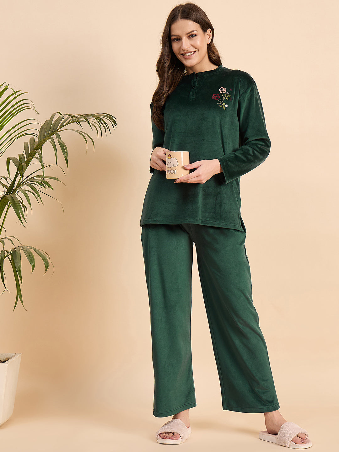 Bottle Green Embroidered Velour Henley Top & Pants Set - KIZA