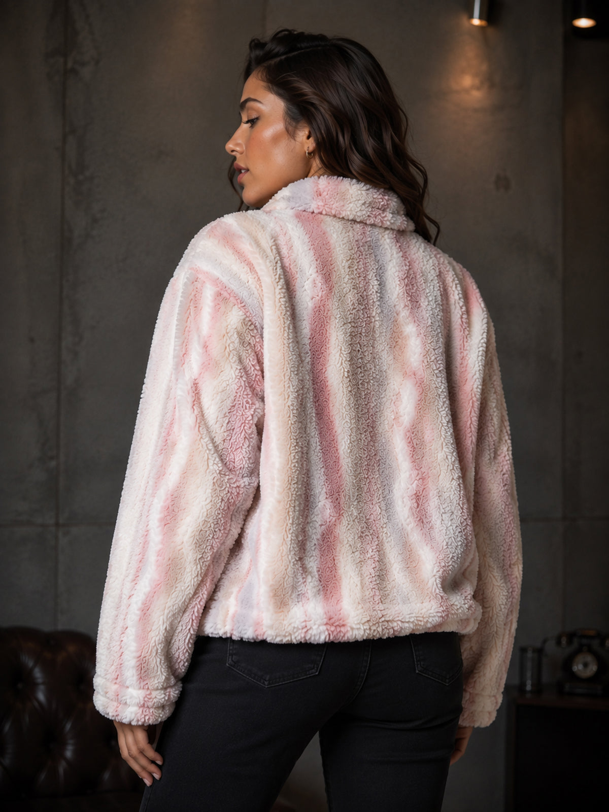 Blush Multi-Tone Striped Faux-Fur Zip Jacket - KIZA