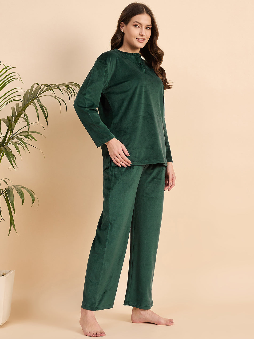 Bottle Green Embroidered Velour Henley Top & Pants Set - KIZA