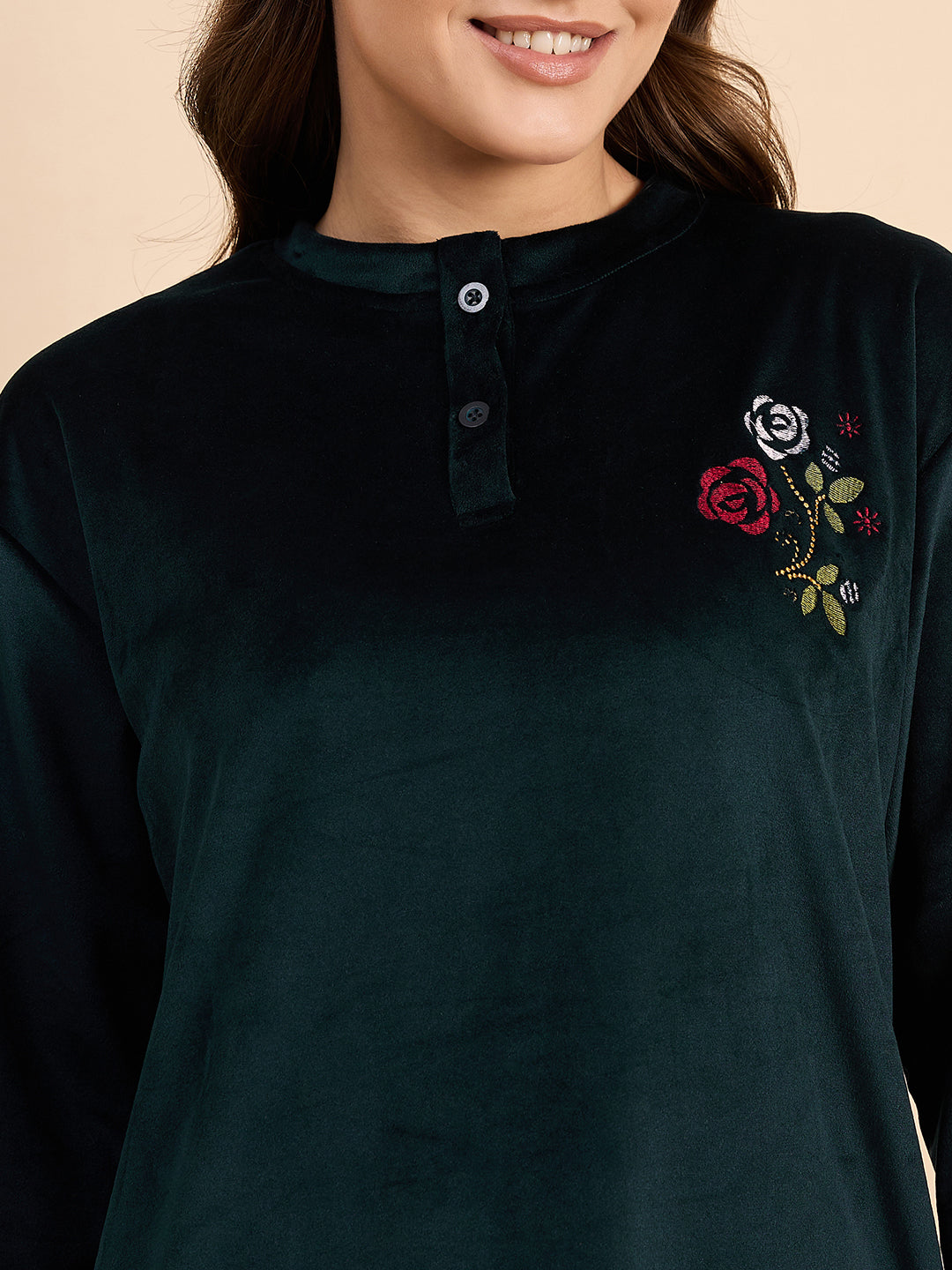 Dark Teal Embroidered Velour Henley Top & Pants Set - KIZA