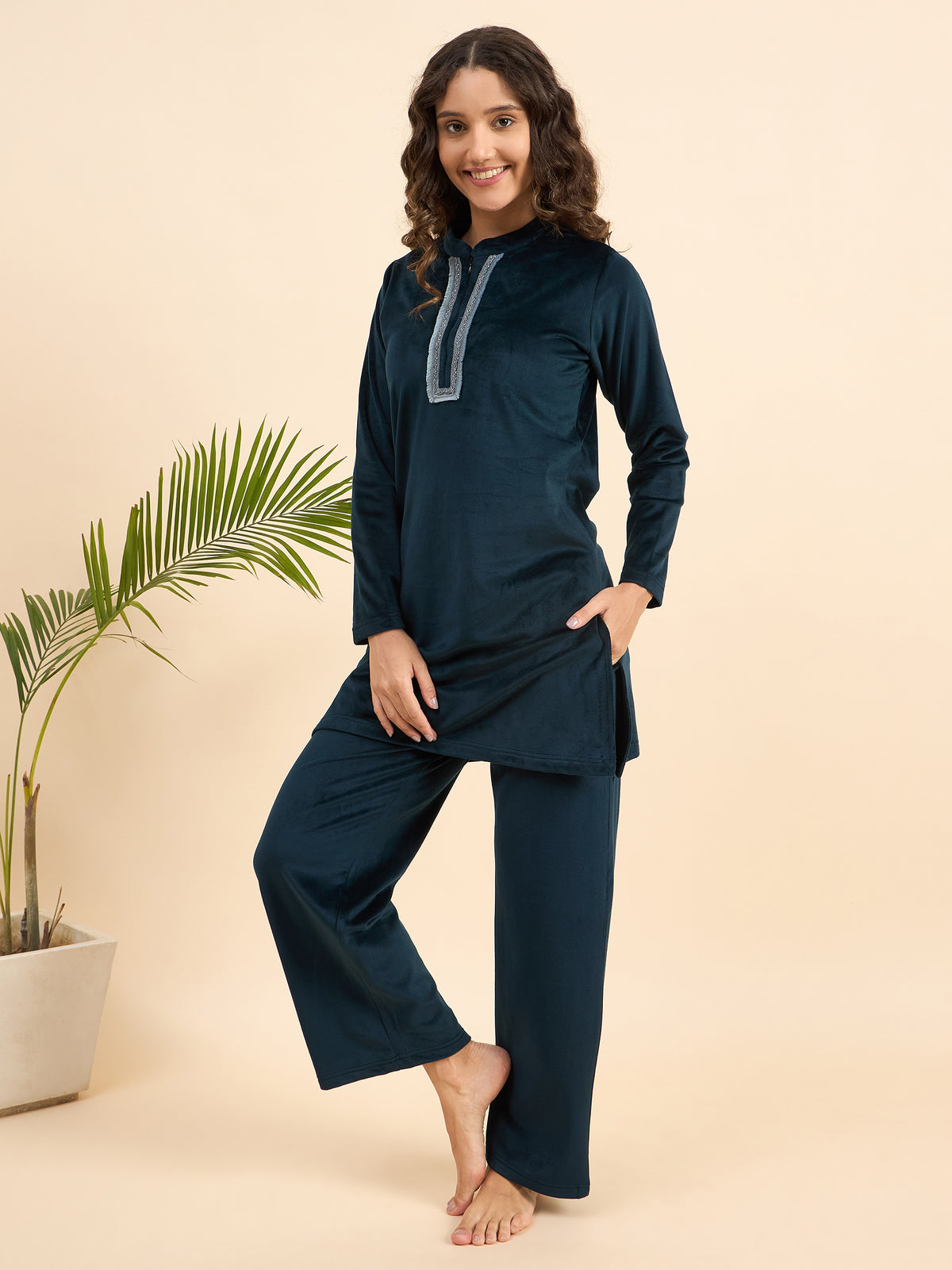 Teal Embroidered Velour Kurta-Style Lounge Set - KIZA