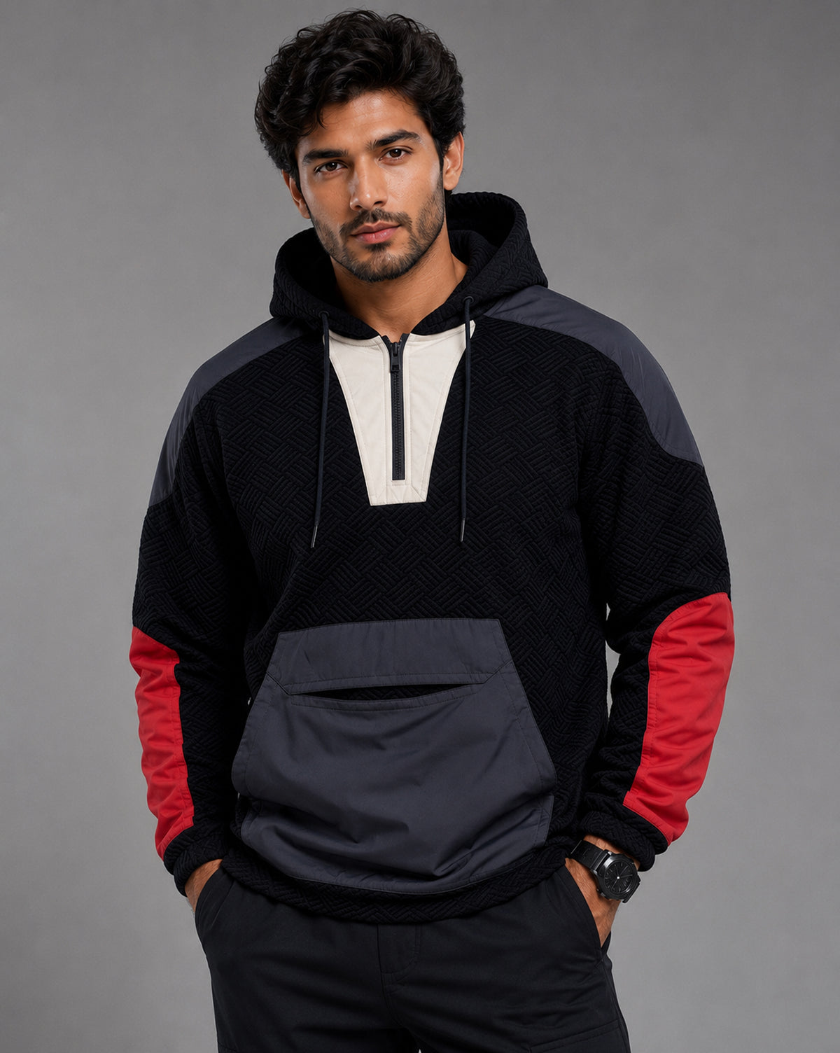 Men's Black Colour-Block Hooded Half-Zip Pullover Jacket - KIZA