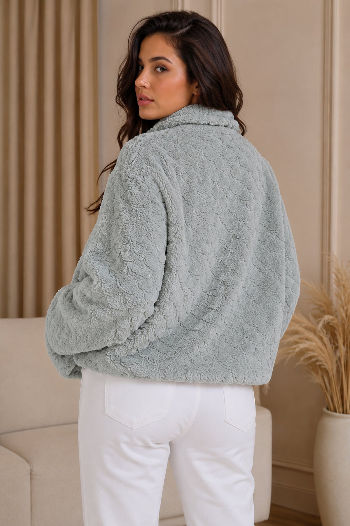 Sea Green Textured Faux-Fur Zip Jacket - KIZA