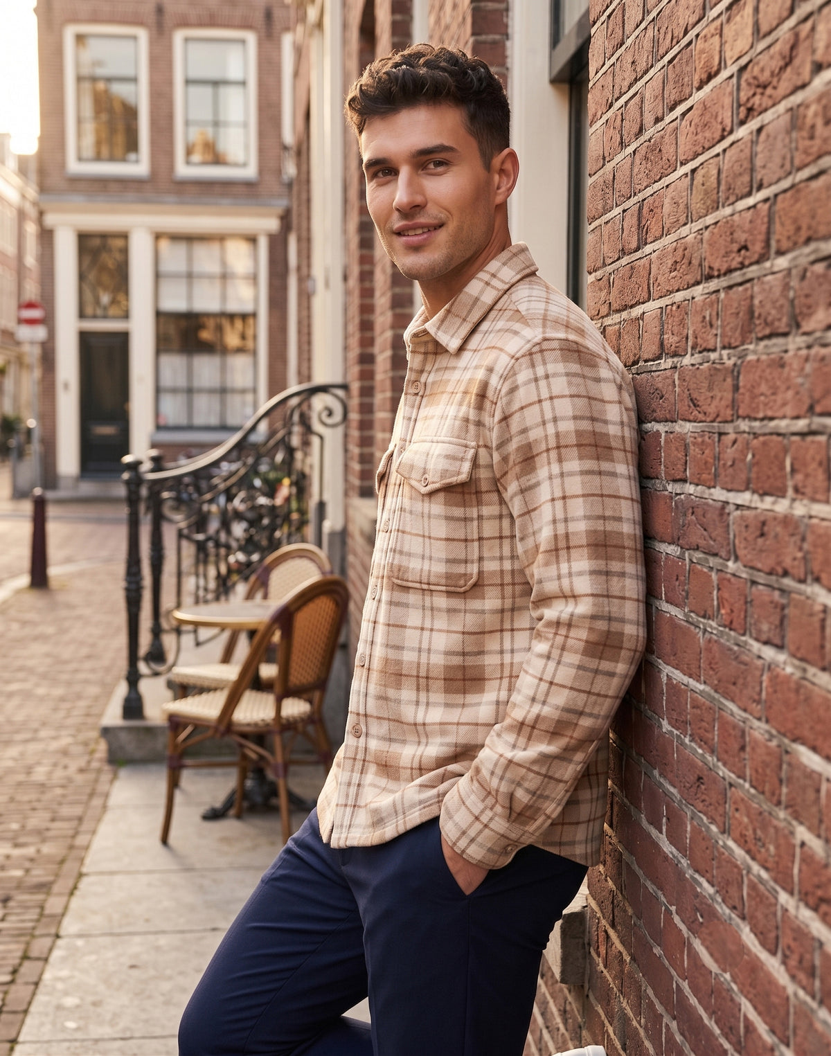 Men's Beige & Brown Plaid Flannel Shirt Jacket - KIZA