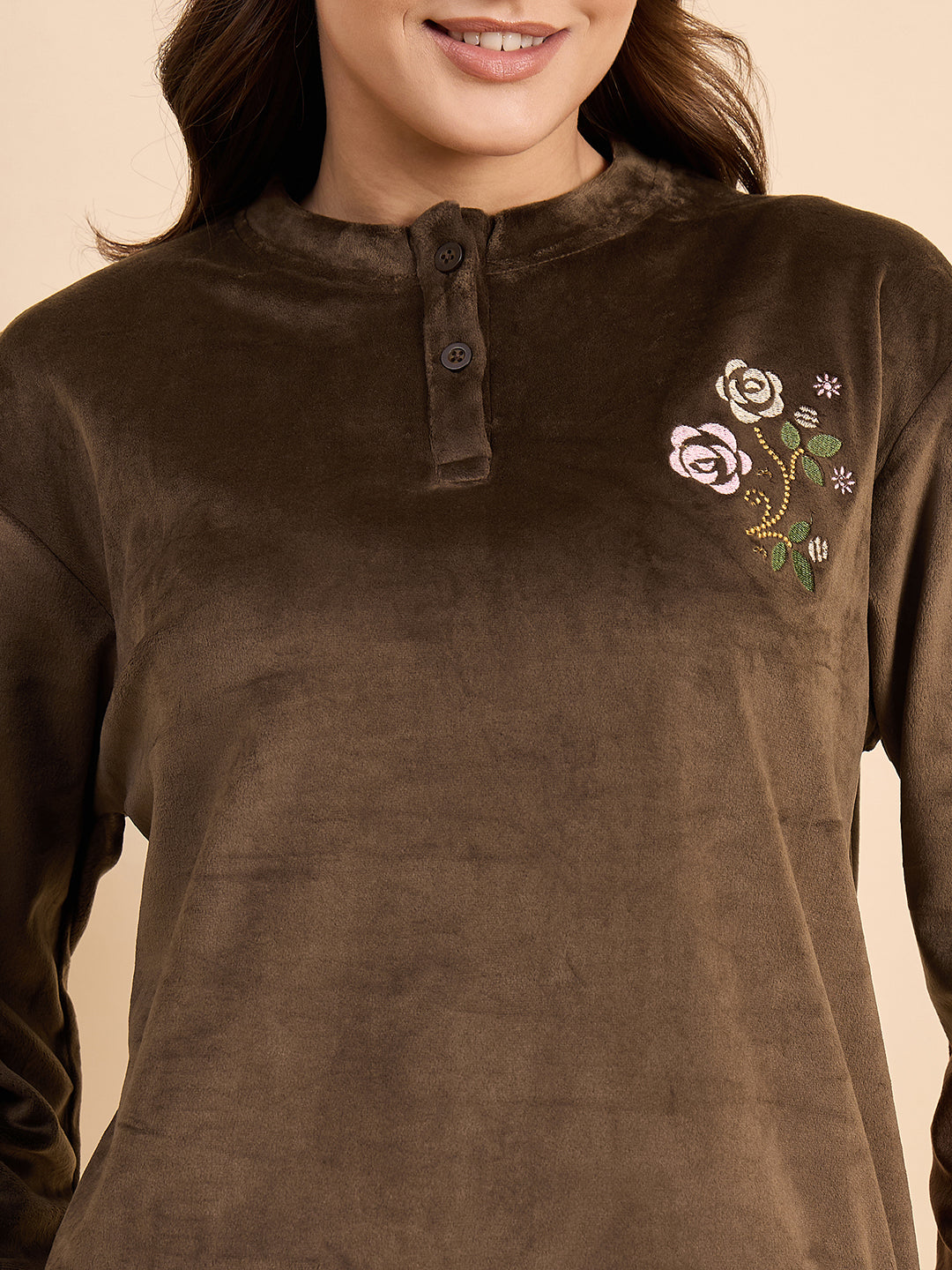 Coffee Brown Embroidered Velour Henley Top & Pants Set - KIZA