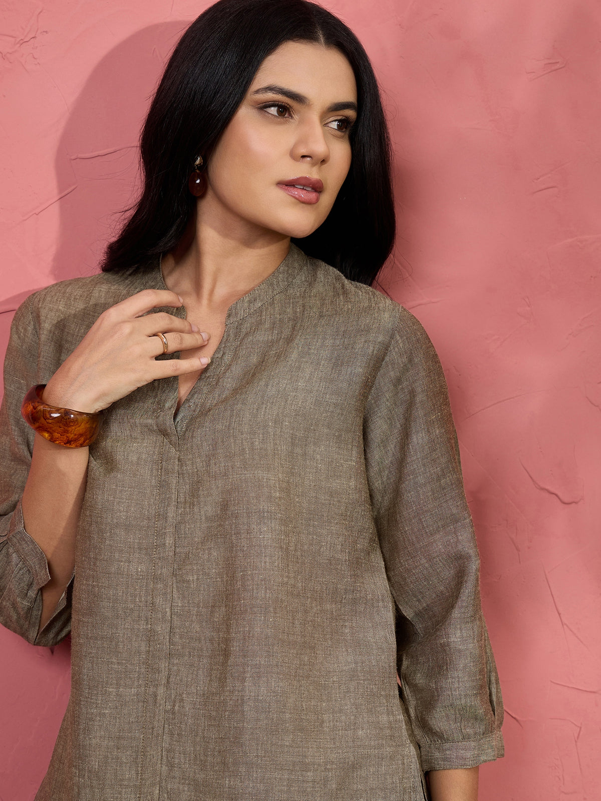 Khaki Brown Textured Tunic Shirt & Straight Pants Co-ord Set - KIZA