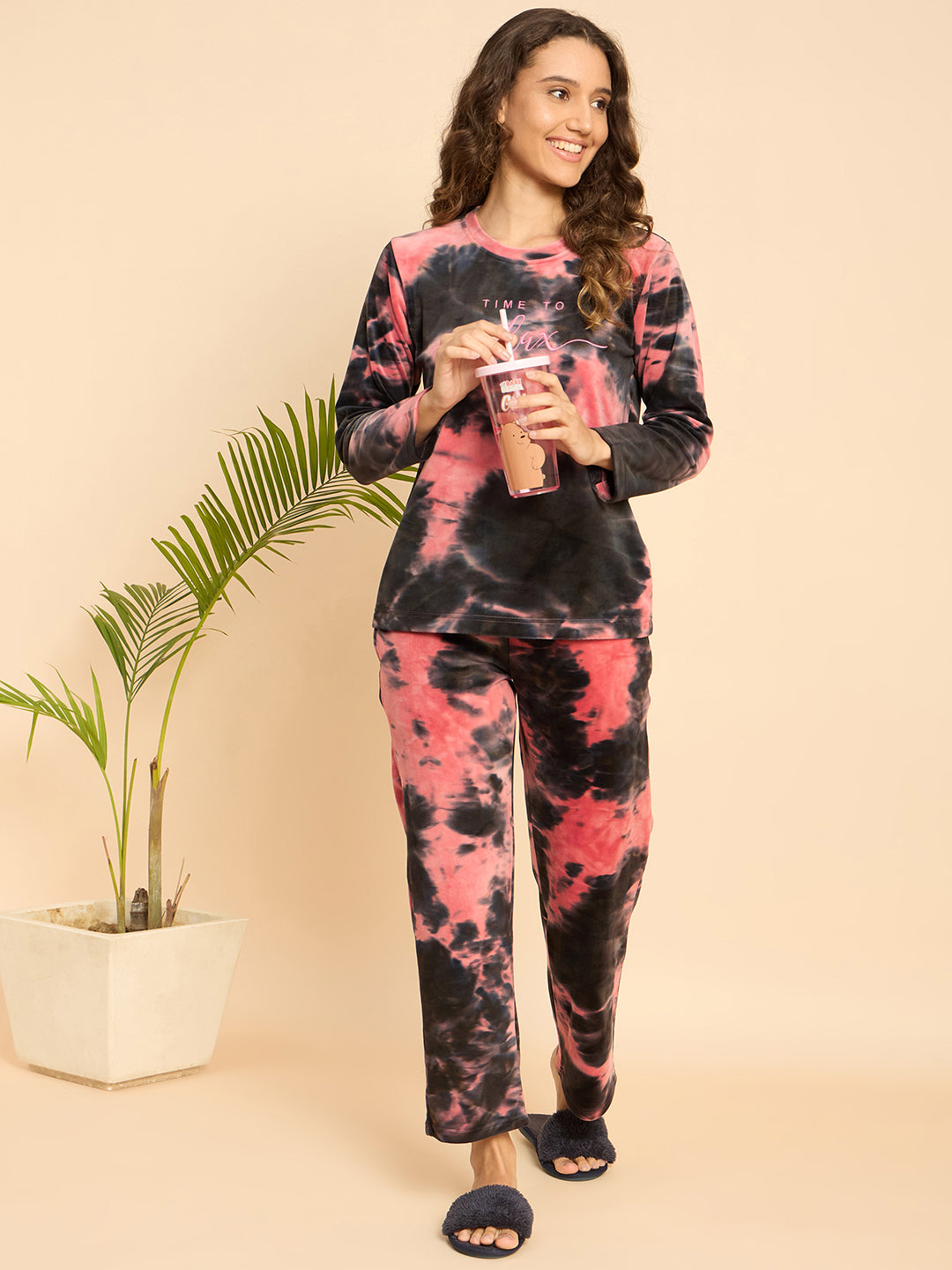 Pink & Black Tie-Dye Velour Top & Pants Lounge Set - KIZA