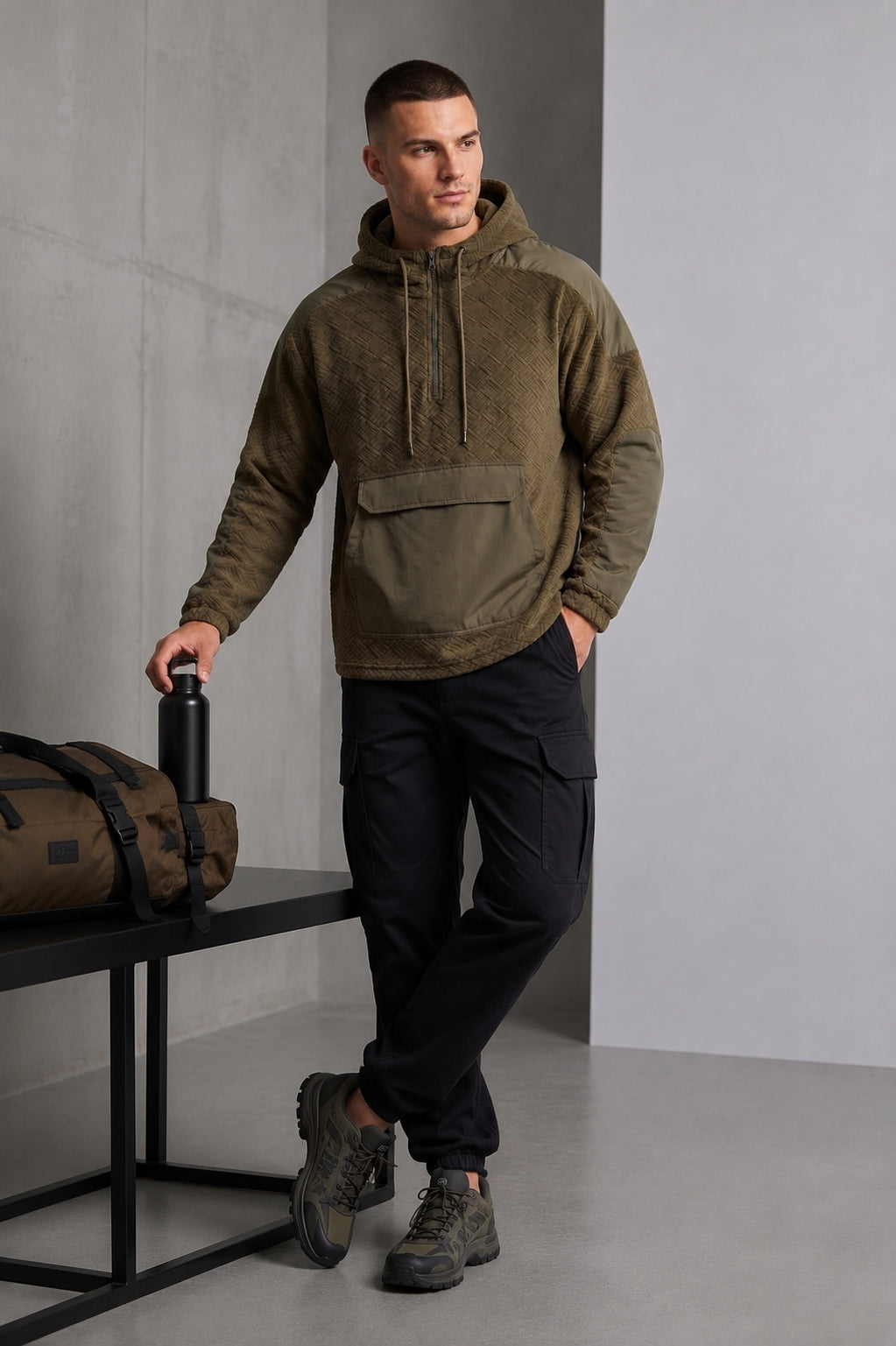 Men's Olive Hooded Half-Zip Pullover Jacket - KIZA