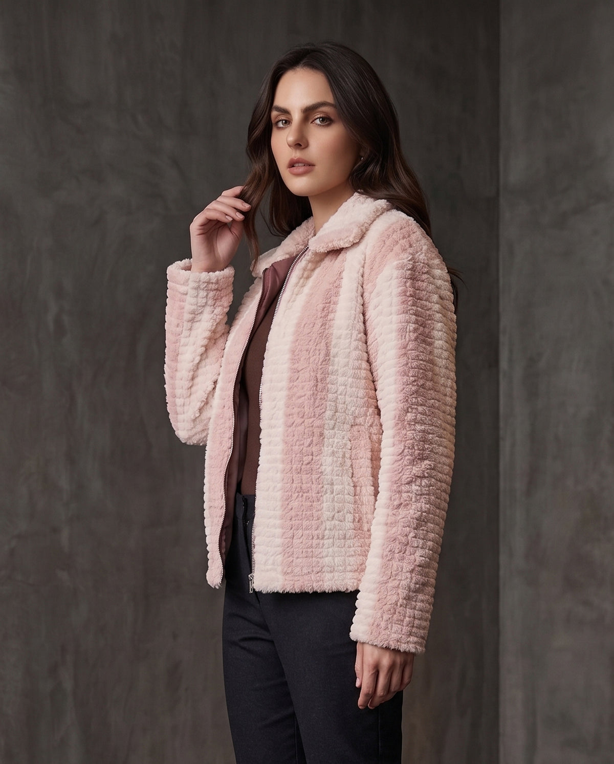 Pink & Cream Striped Faux-Fur Zip Jacket - KIZA