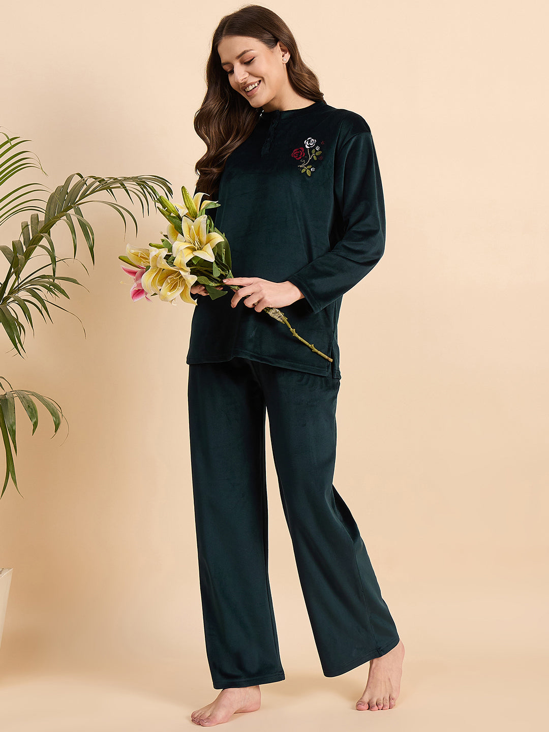 Dark Teal Embroidered Velour Henley Top & Pants Set - KIZA