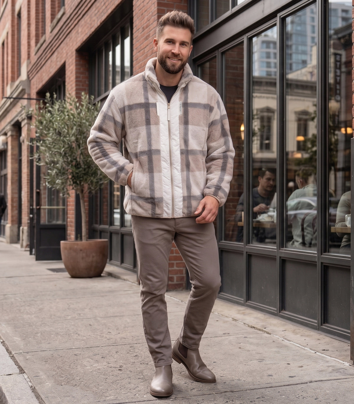Men's Camel Plaid Faux-Fur Zip Jacket - KIZA