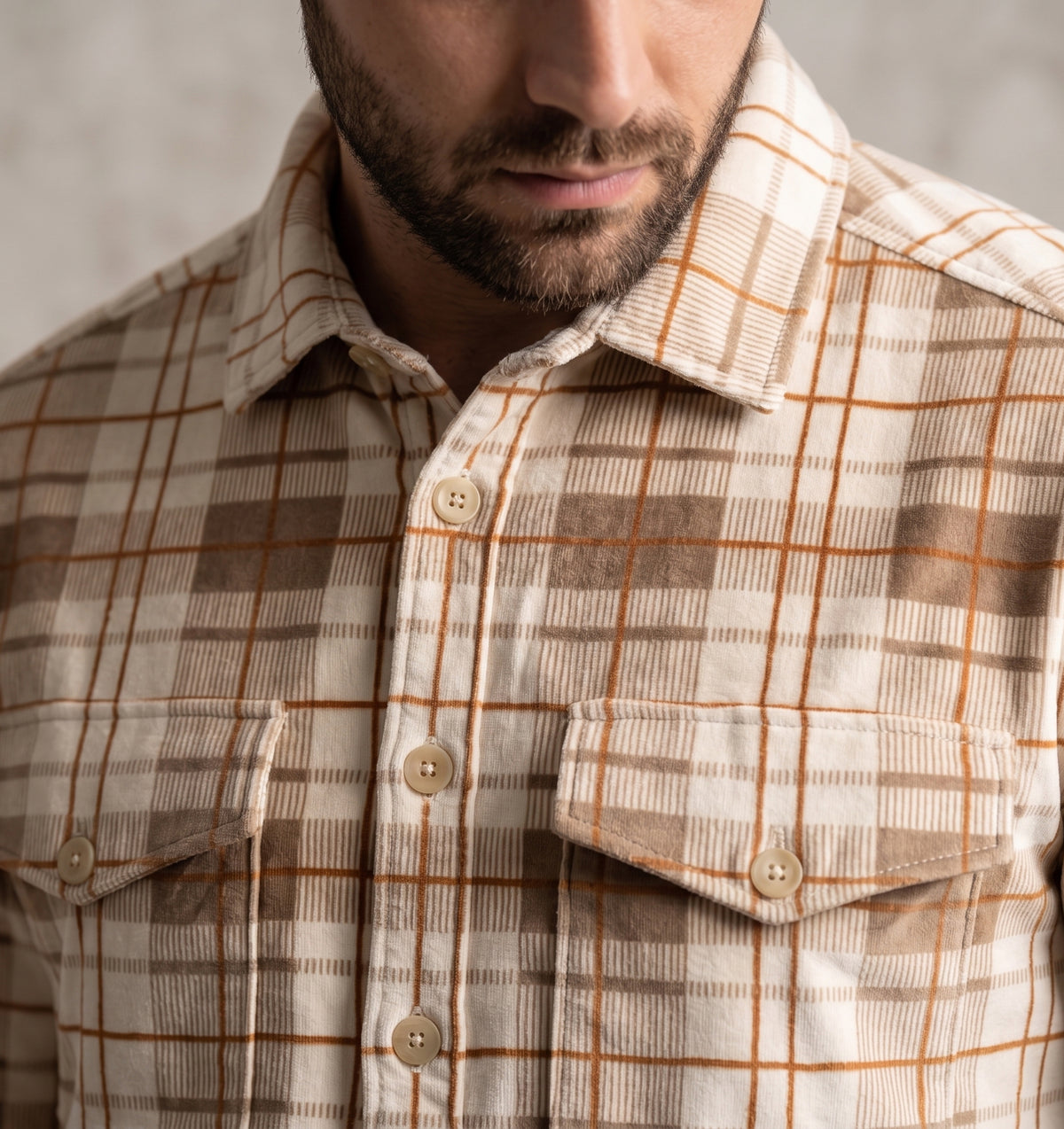Men's Beige & Brown Plaid Flannel Shirt Jacket - KIZA