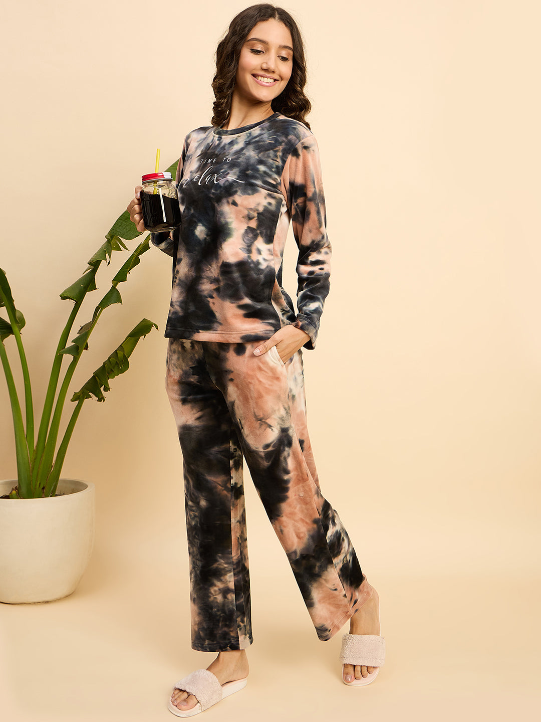 Peach & Black Tie-Dye Velour Top & Pants Lounge Set - KIZA