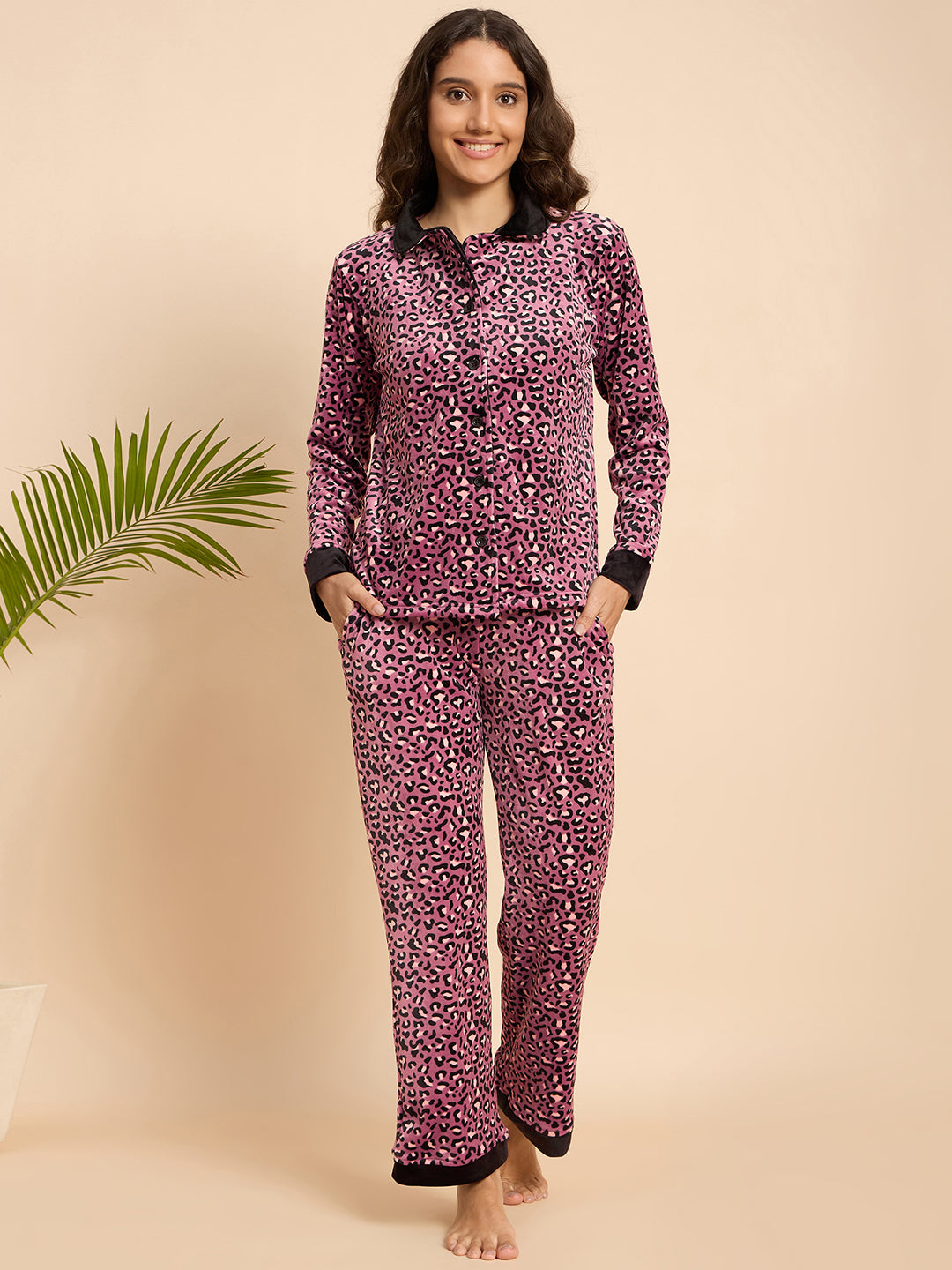Pink Leopard Print Velour Front-Open Night Suit - KIZA