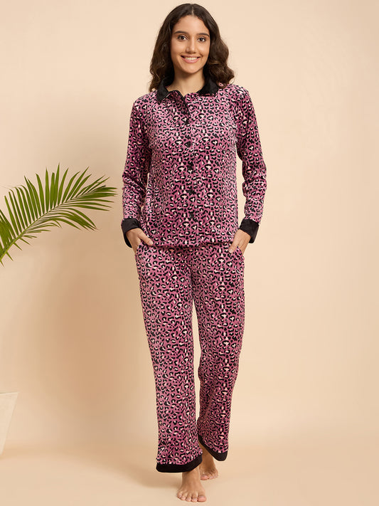 Pink Leopard Print Velour Front-Open Night Suit - KIZA