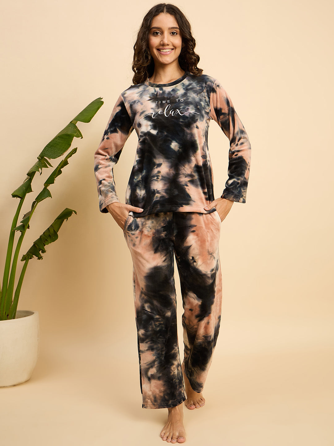 Peach & Black Tie-Dye Velour Top & Pants Lounge Set - KIZA