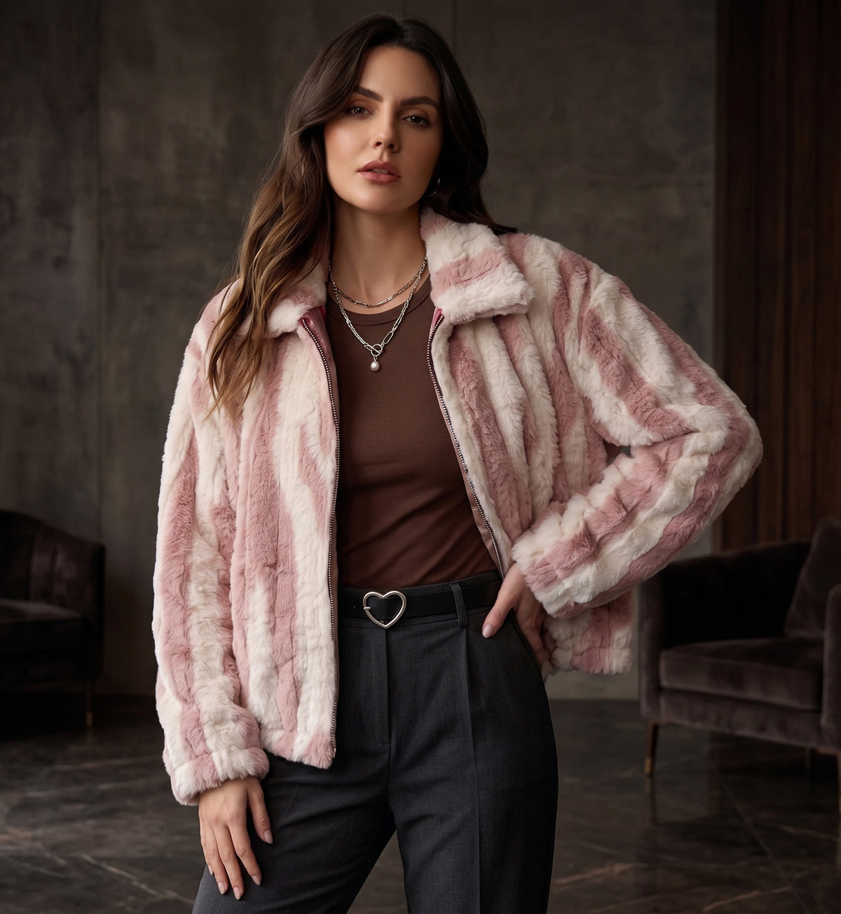 Light Pink & Cream Striped Faux-Fur Zip Jacket - KIZA