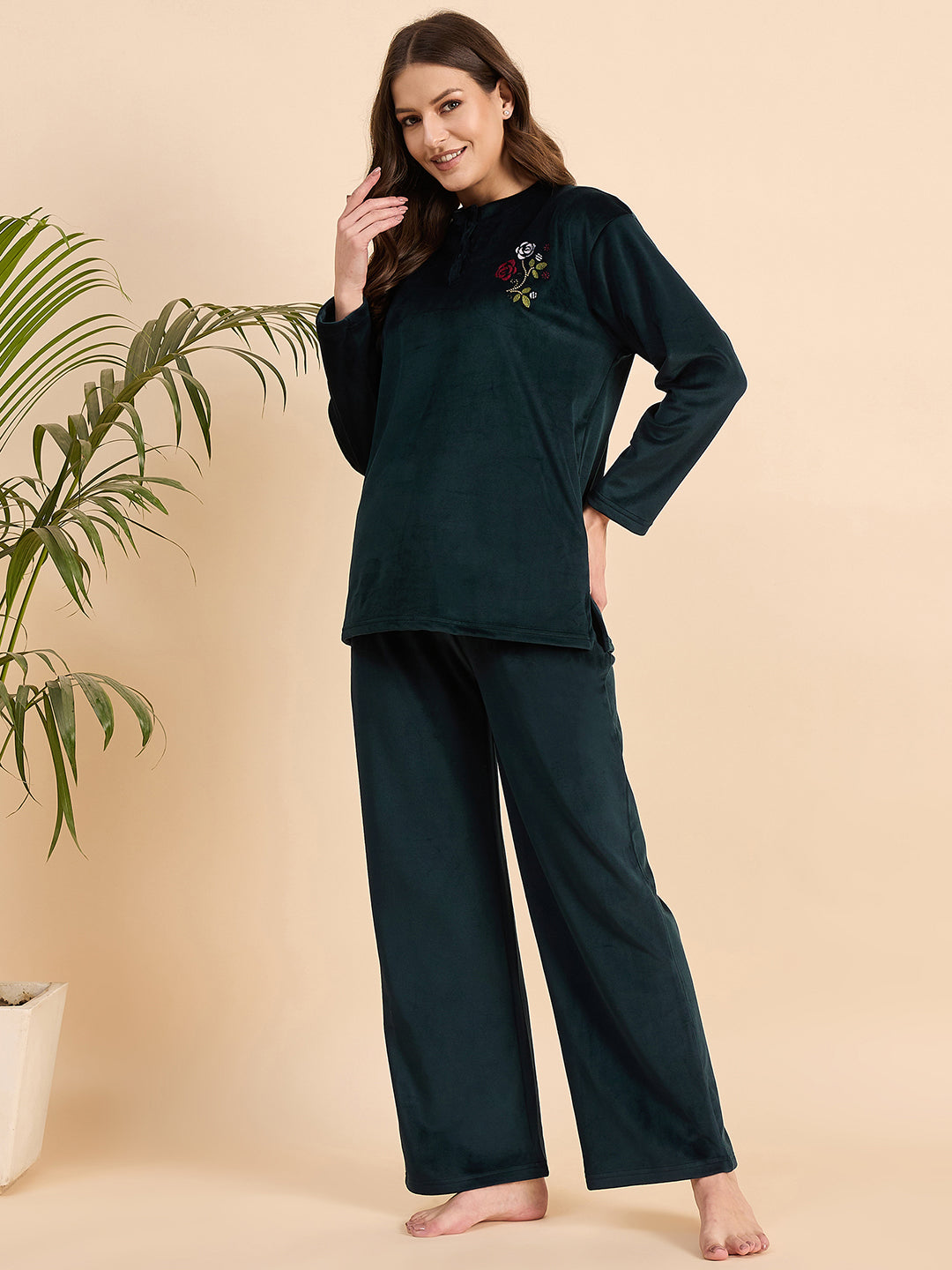 Dark Teal Embroidered Velour Henley Top & Pants Set - KIZA