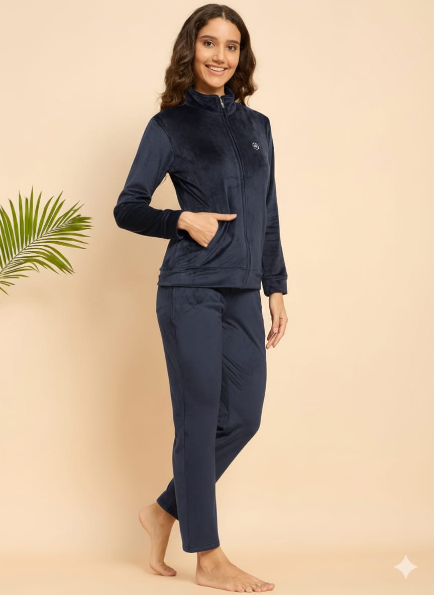 Navy Velour Zip-Front Jacket & Pants Lounge Set - KIZA