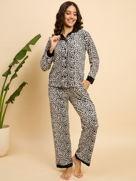 Black & White Leopard Print Velour Front-Open Night Suit - KIZA