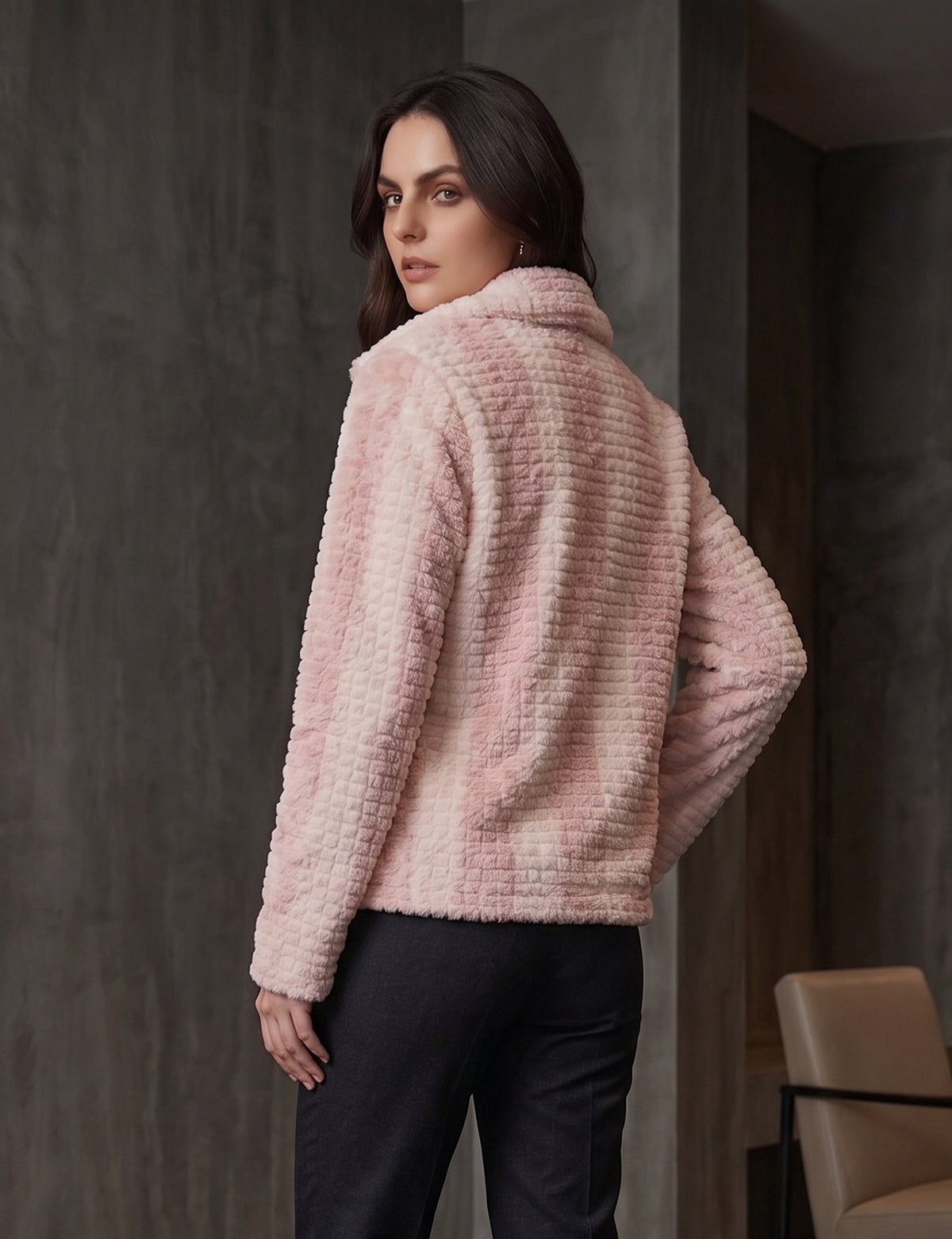Pink & Cream Striped Faux-Fur Zip Jacket - KIZA