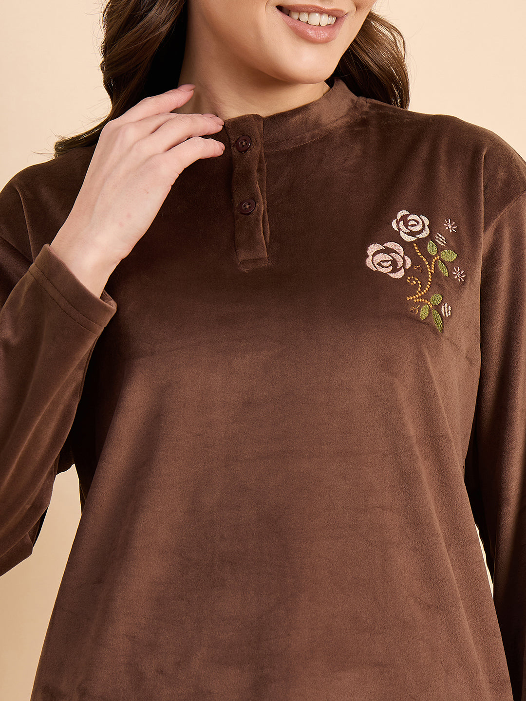Brown Embroidered Velour Henley Top & Pants Set - KIZA