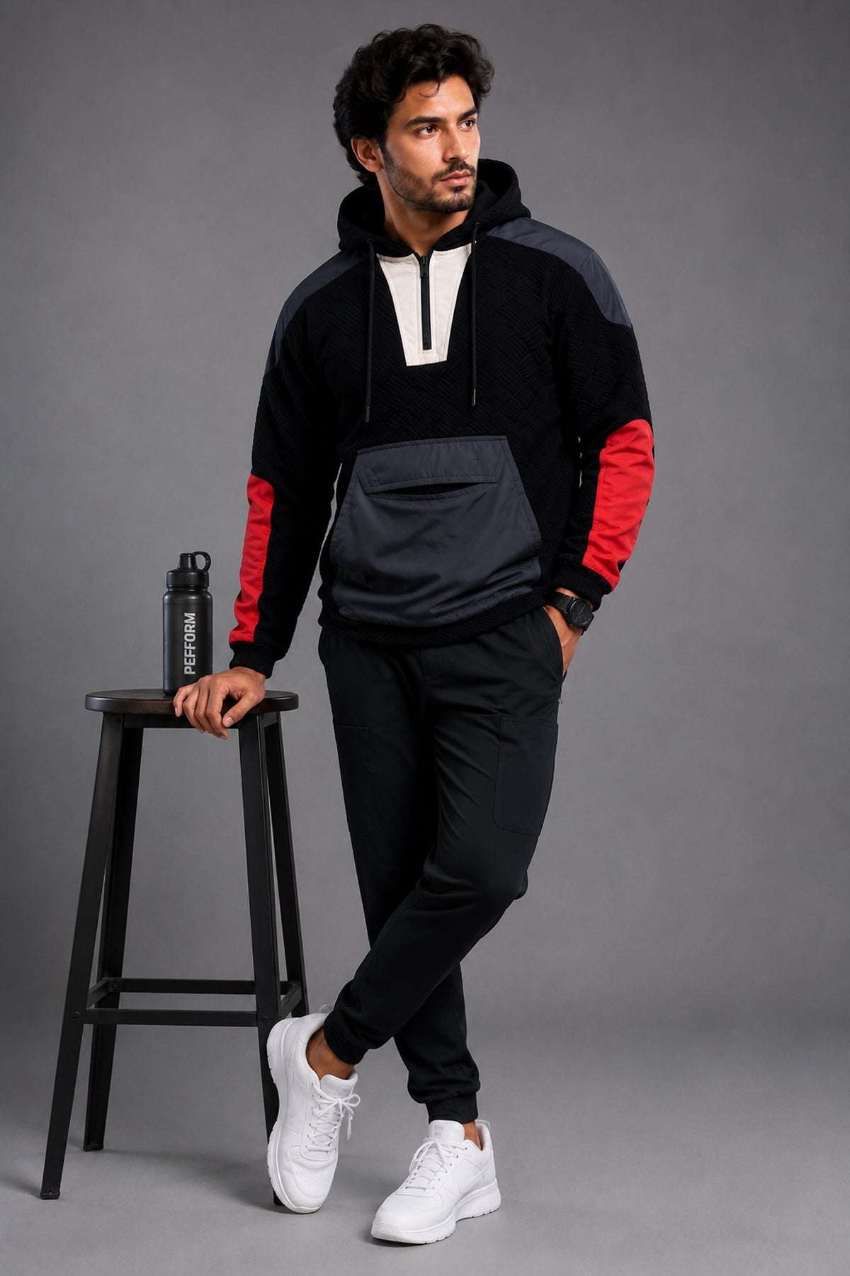 Men's Black Colour-Block Hooded Half-Zip Pullover Jacket - KIZA