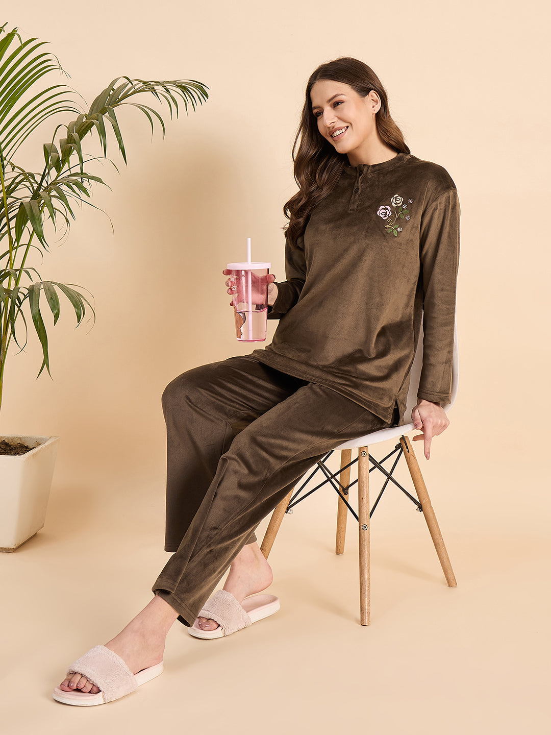 Coffee Brown Embroidered Velour Henley Top & Pants Set - KIZA