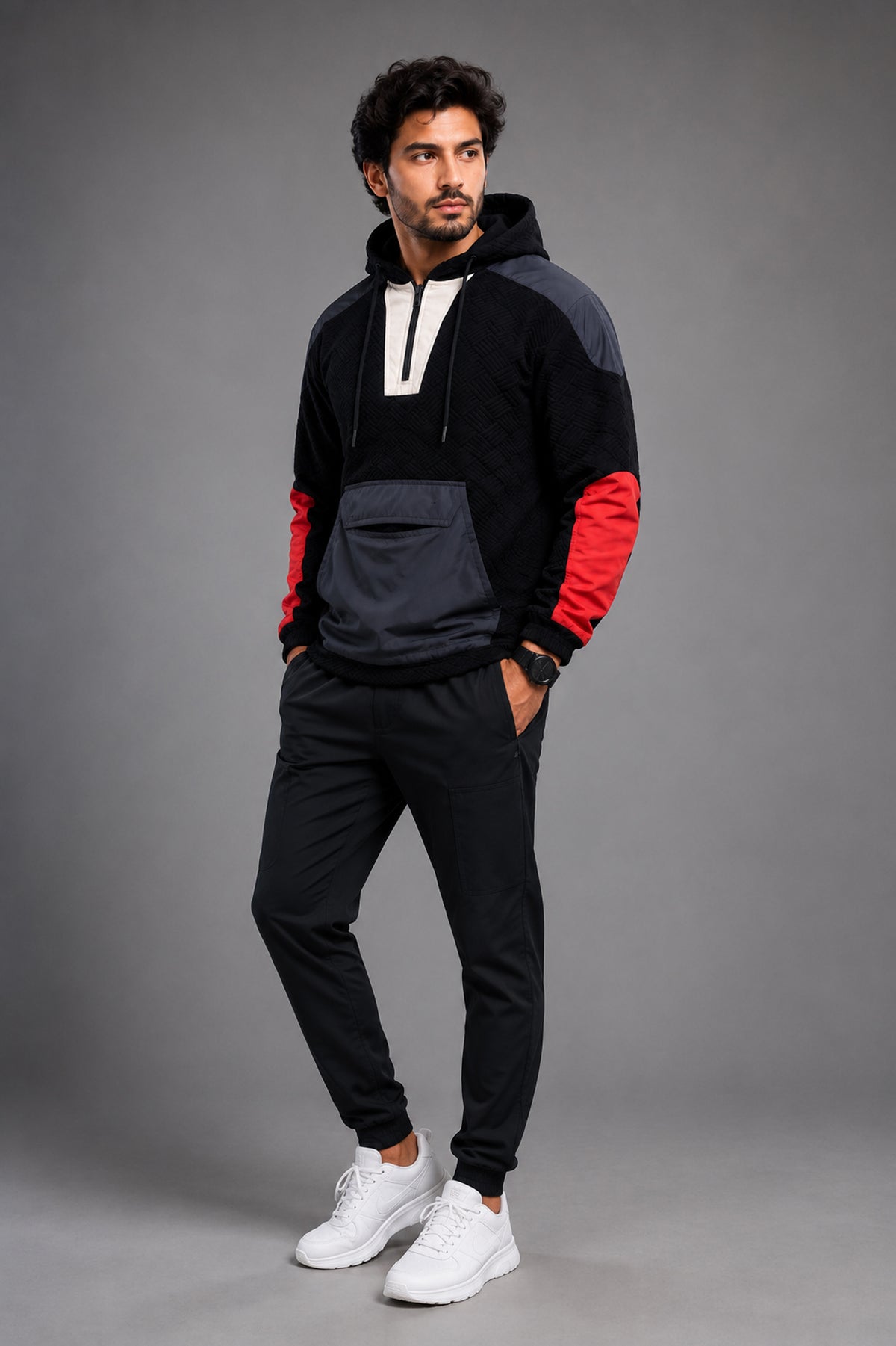 Men's Black Colour-Block Hooded Half-Zip Pullover Jacket - KIZA