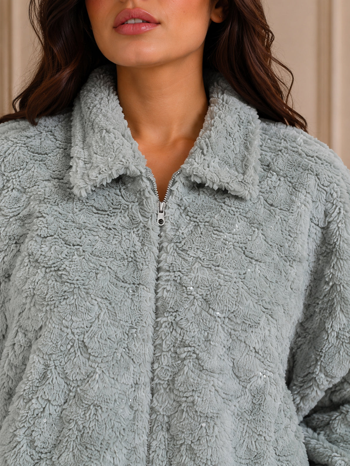 Sea Green Textured Faux-Fur Zip Jacket - KIZA