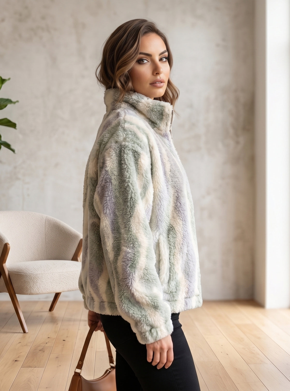 Pistachio & Lavender Striped Faux-Fur Zip Jacket - KIZA
