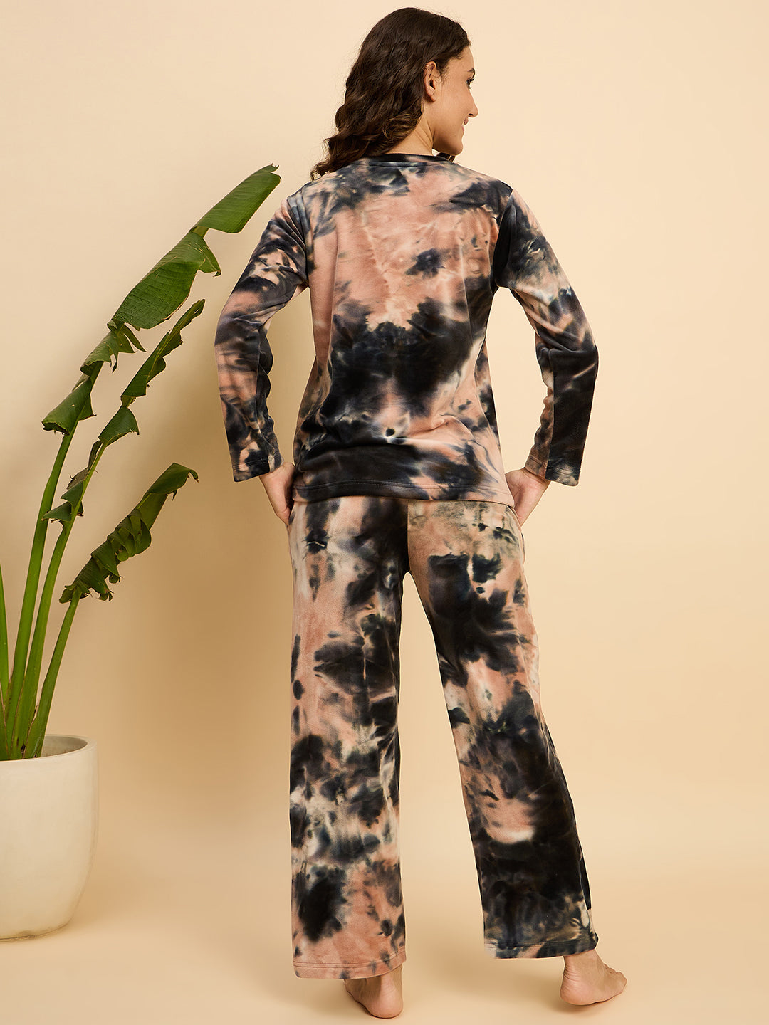 Peach & Black Tie-Dye Velour Top & Pants Lounge Set - KIZA