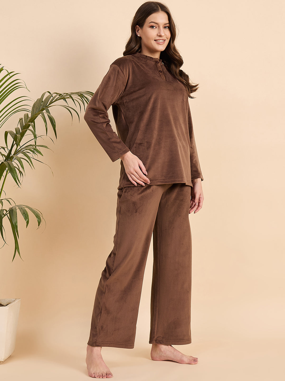 Brown Embroidered Velour Henley Top & Pants Set - KIZA