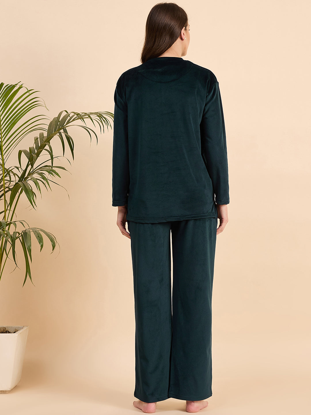 Dark Teal Embroidered Velour Henley Top & Pants Set - KIZA