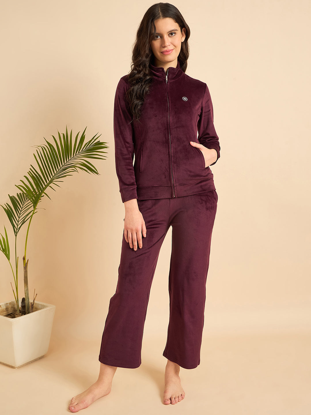 Wine Velour Zip-Front Jacket & Pants Lounge Set - KIZA