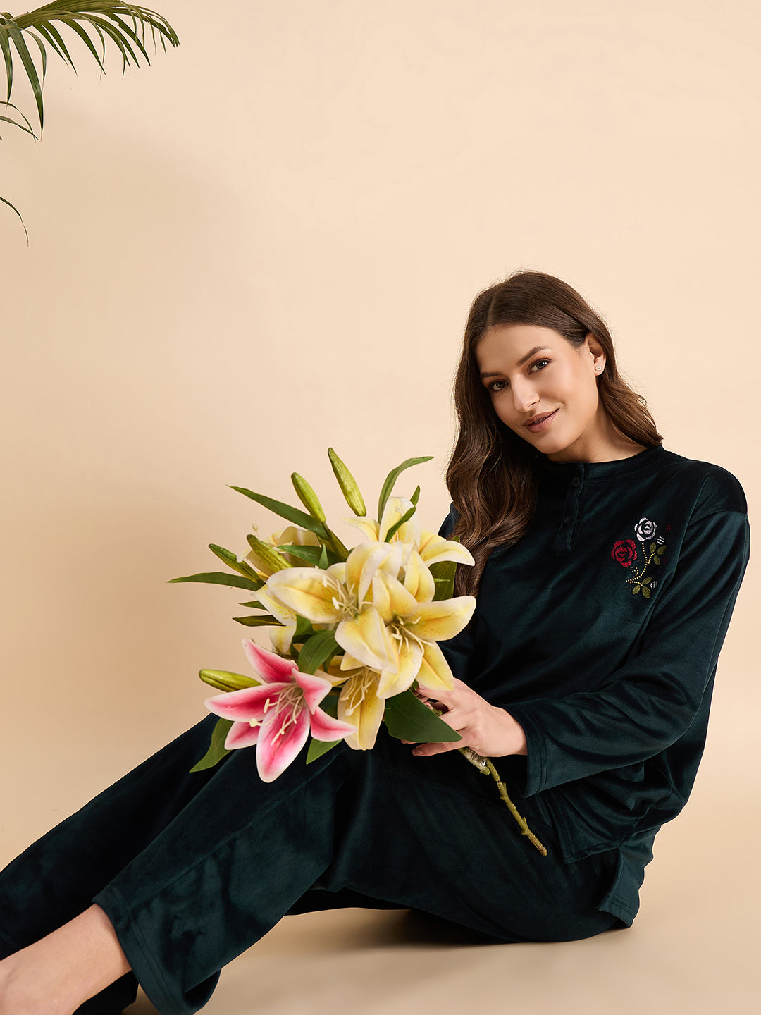 Dark Teal Embroidered Velour Henley Top & Pants Set - KIZA