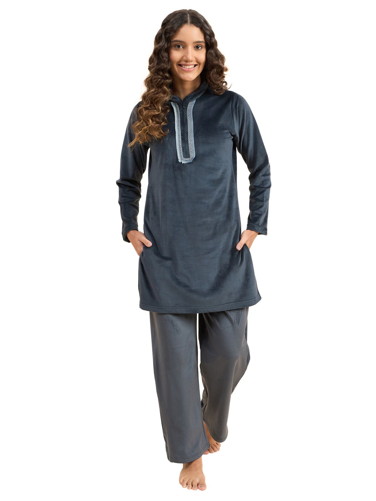 Charcoal Grey Embroidered Velour Kurta-Style Lounge Set - KIZA