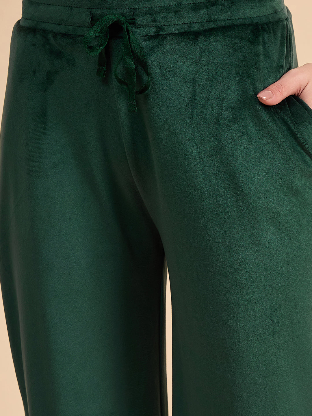 Bottle Green Embroidered Velour Henley Top & Pants Set - KIZA