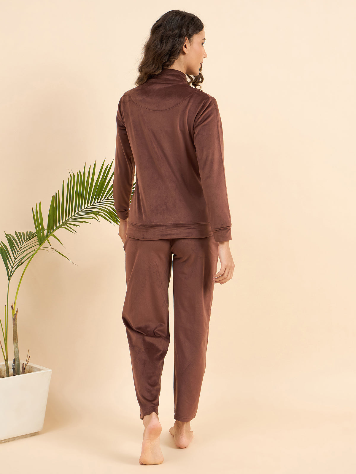 Brown Velour Zip-Front Jacket & Pants Lounge Set - KIZA