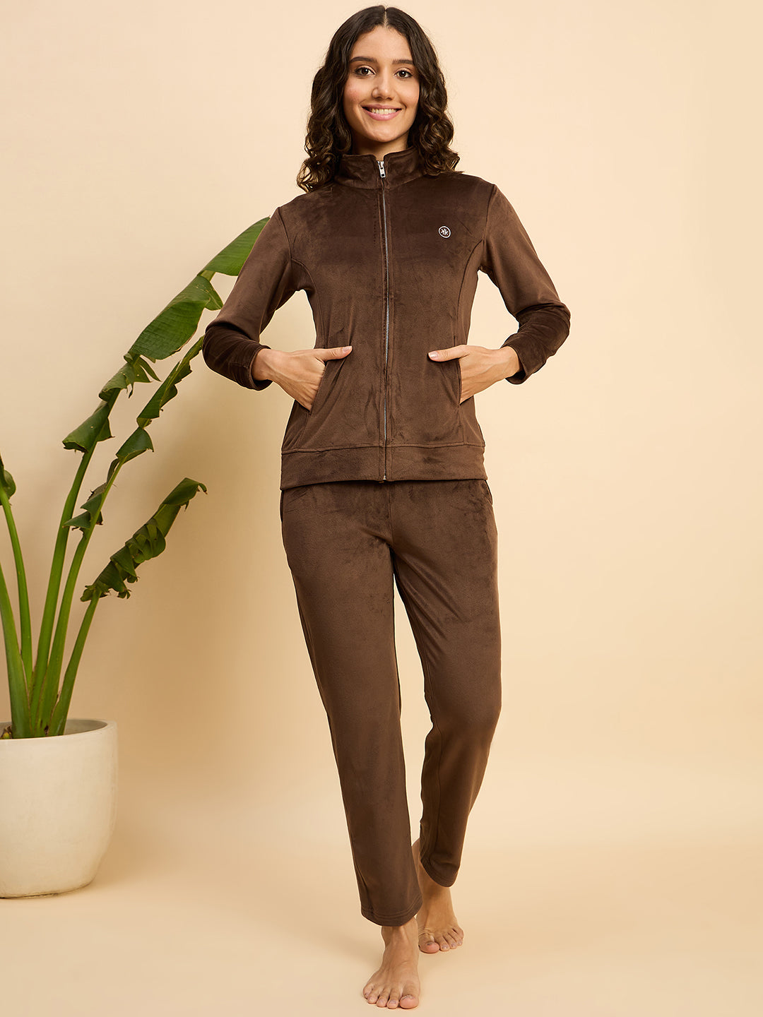 Coffee Brown Velour Zip-Front Jacket & Pants Lounge Set - KIZA