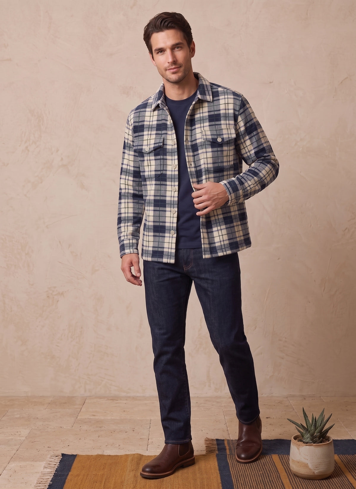 Men's Navy & Cream Plaid Flannel Shirt Jacket - KIZA