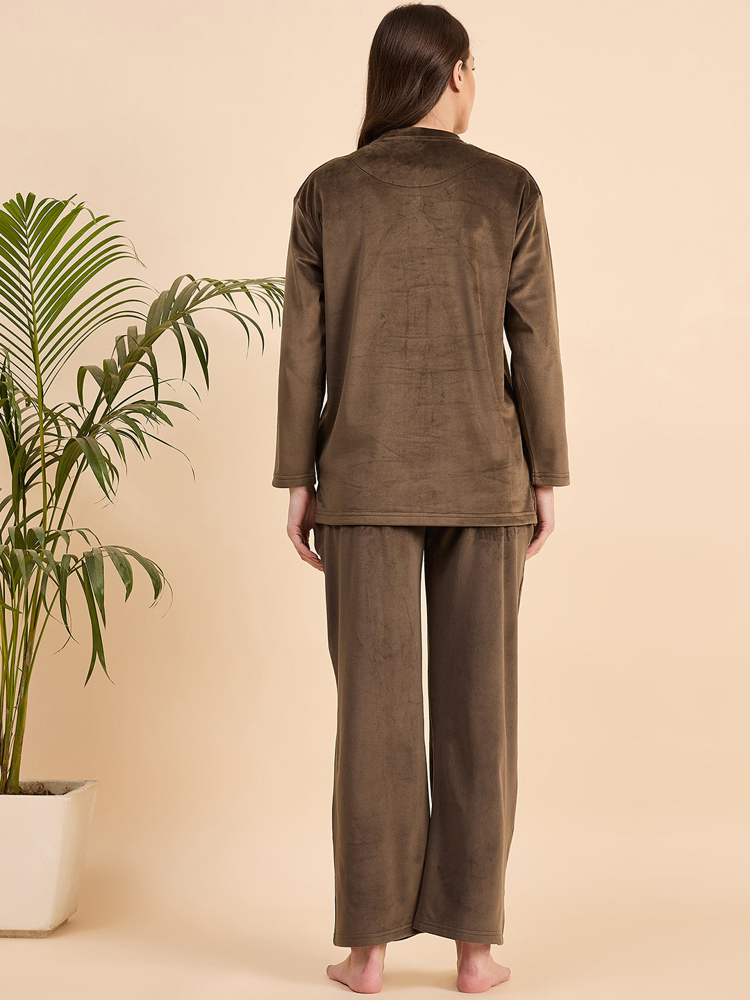Coffee Brown Embroidered Velour Henley Top & Pants Set - KIZA