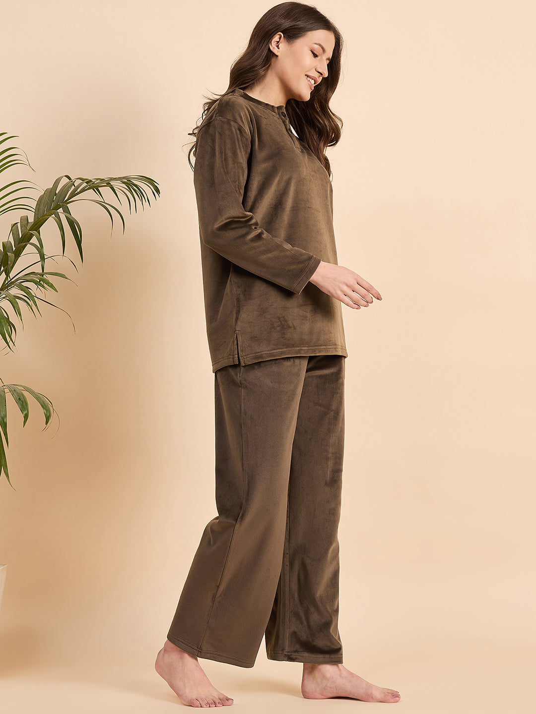 Coffee Brown Embroidered Velour Henley Top & Pants Set - KIZA