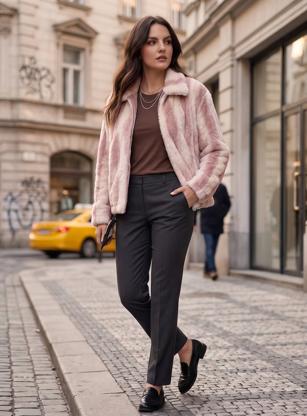 Light Pink & Cream Striped Faux-Fur Zip Jacket - KIZA