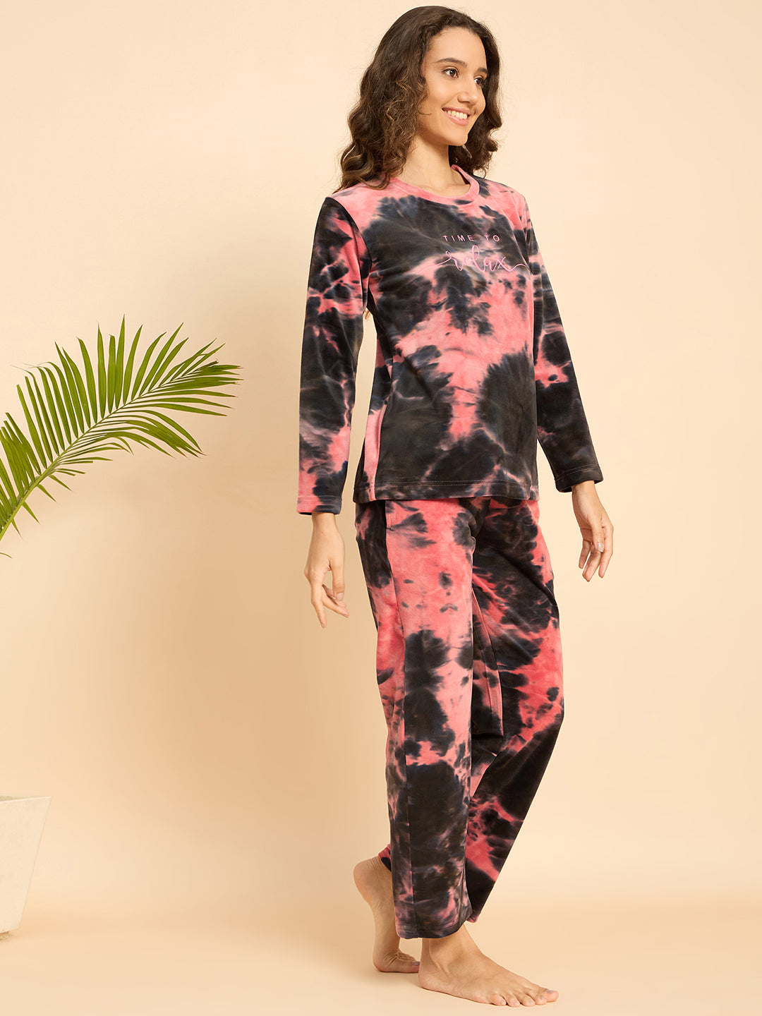 Pink & Black Tie-Dye Velour Top & Pants Lounge Set - KIZA