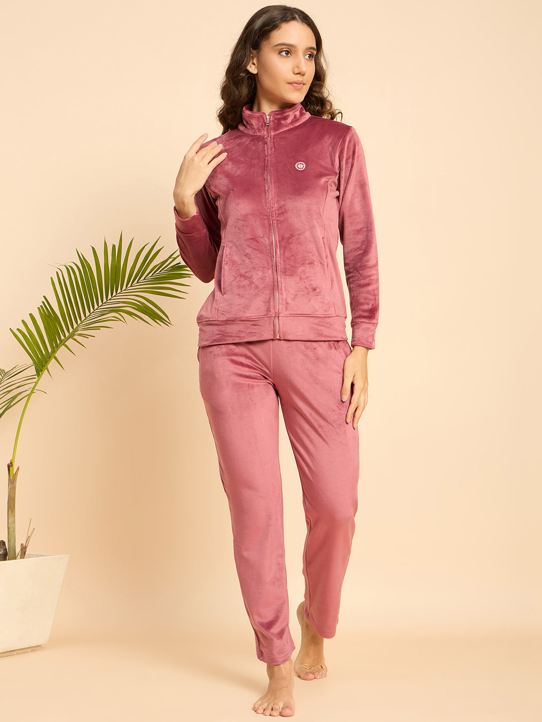 Rose Pink Velour Zip-Front Jacket & Pants Lounge Set - KIZA