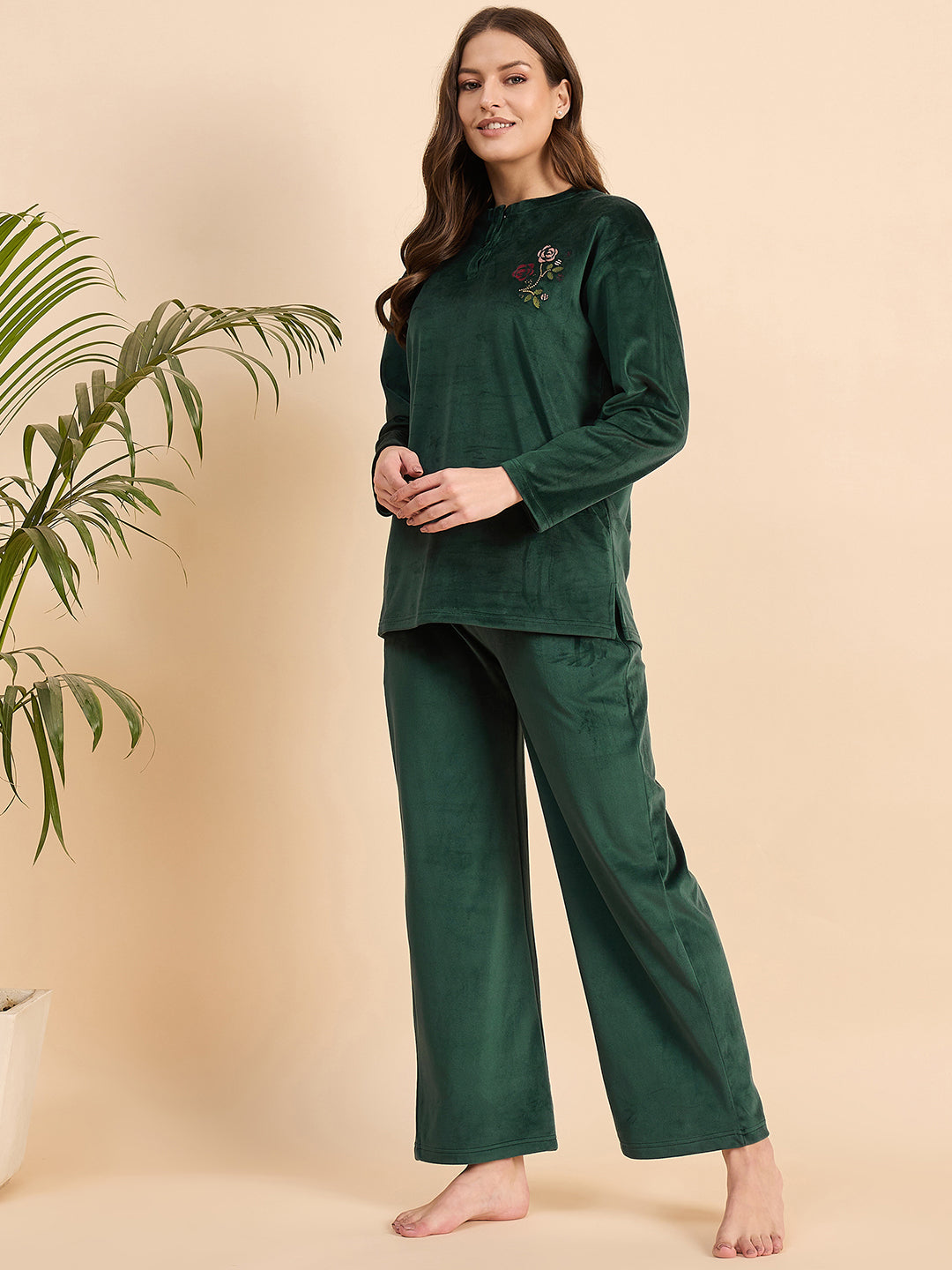 Bottle Green Embroidered Velour Henley Top & Pants Set - KIZA