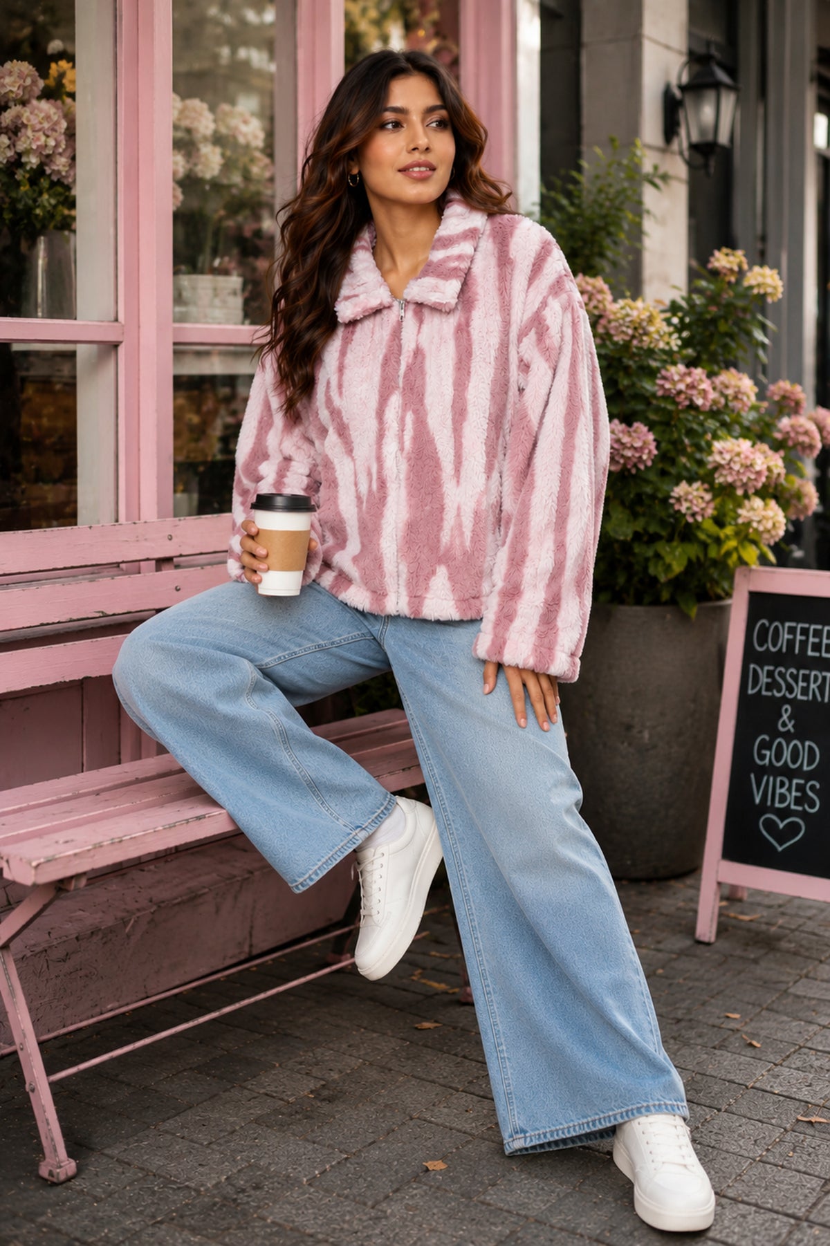 Pink Zebra Stripe Faux-Fur Zip Jacket - KIZA